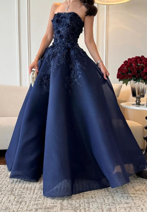 Gorgeous Navy Blue Strapless Appliques Evening Dress Birthday Ball Gown - VelvetHem