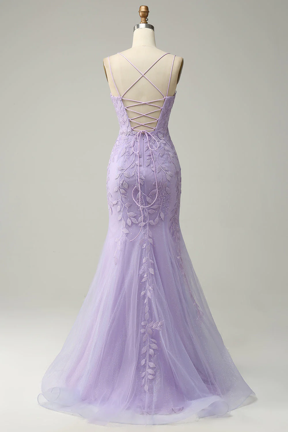 Purple Spaghetti Straps Mermaid Long Prom Dress With Appliques - View 2 | VelvetHem