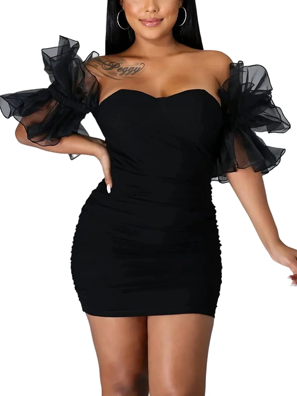 Women Sexy Puff Sleeve Ruffles Dress Mesh Off Shoulder Mini Party Dress Short Black Homecoming Dress (ZD12533)