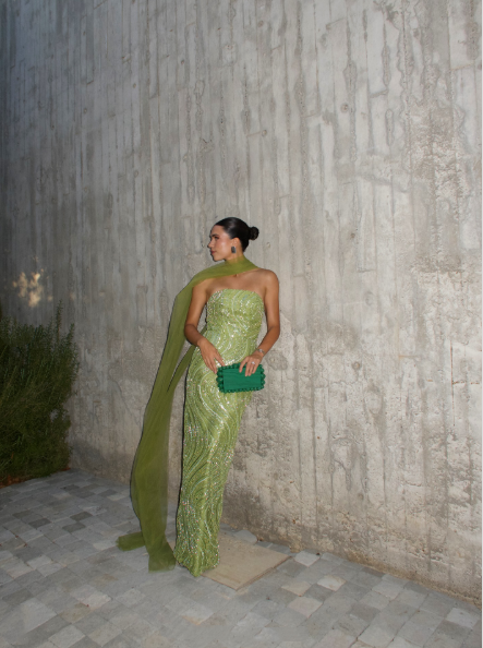 Gorgeous Strapless Apple Green Sequin Long Prom Dress Party Gown With Ribbon - View 4 | VelvetHem