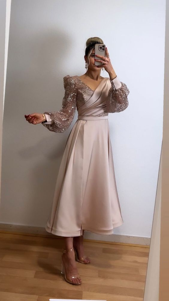 Champagne Evening Dress For Wedding Party V-Neck Satin Glitter Prom Dress Long Puffy Sleeves - View 2 | VelvetHem