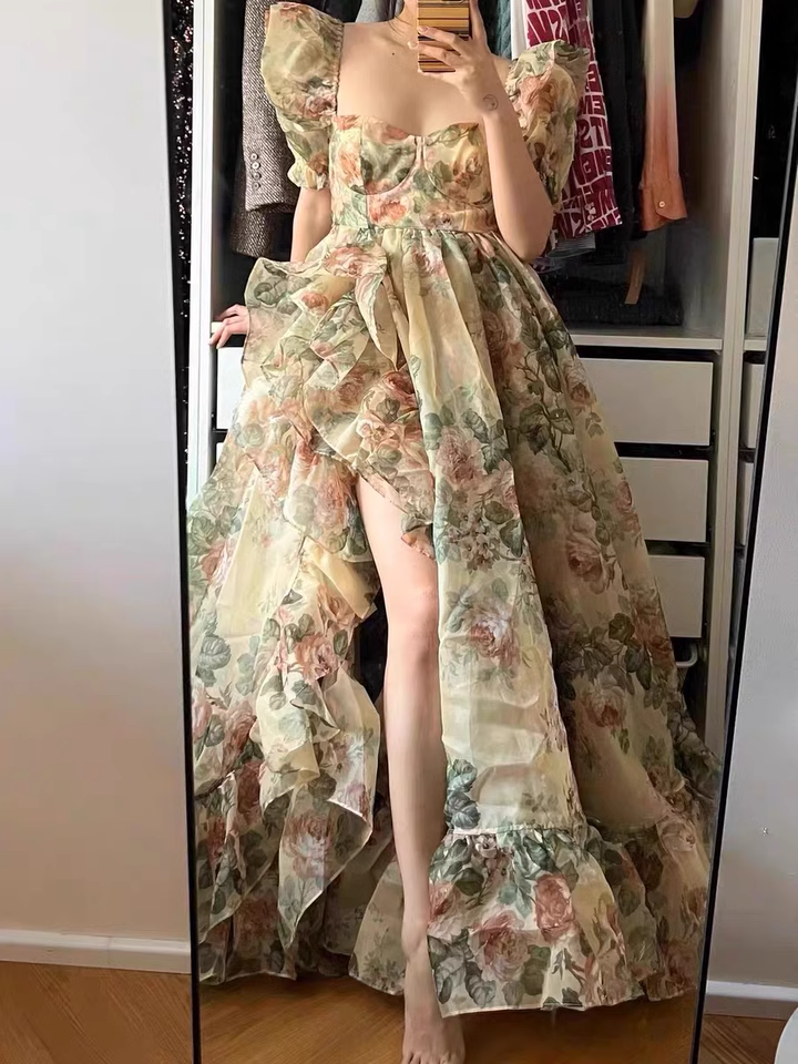 Chic Princess Square Neckline Floral Green Long Ruffles Prom Dresses Birthday Dress - View 6 | VelvetHem
