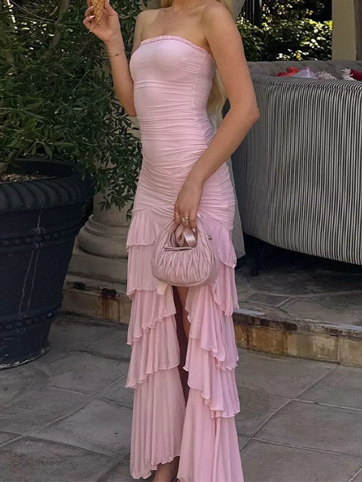 Sweet Pink Chiffon Strapless Evening Dress Multi-Layered Slit Prom Party Dress - VelvetHem