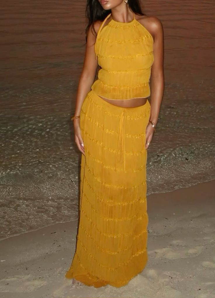 Sexy Halter Chiffon Backless Party Dress Orange Long Vacation Dresses Two Piece