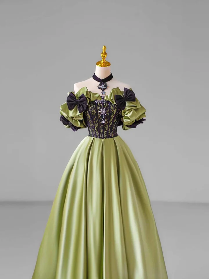 Vintage Off The Shoulder Ball Gown Green Satin Lace Bow Prom Dress - View 2 | VelvetHem