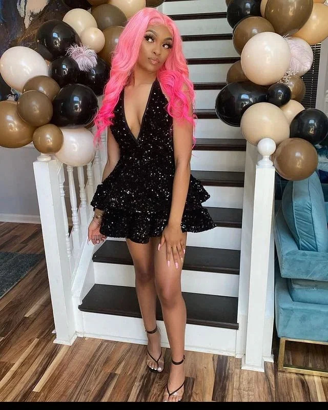 Sexy Black Sparkling Short Homecoming Dresses Back Open Tiered Sequin Graduation Gown Parties Night (ZD12699)
