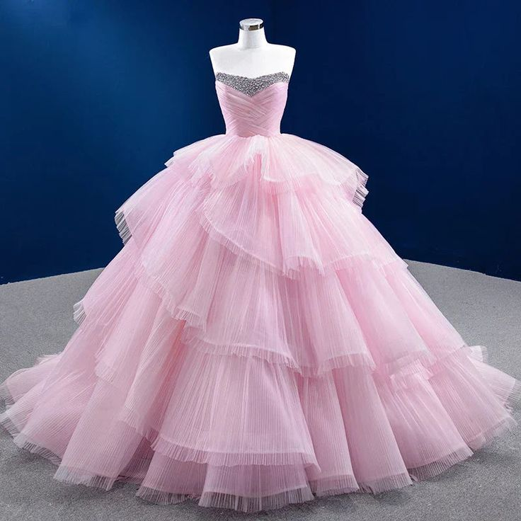 Luxurious Pink Tulle Beaded Layered Ball Gown Sweet 16 Dress Quinceanera Dress - VelvetHem