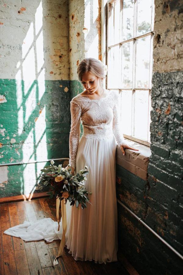 A Line Boho Lace Long Sleeves Open Back Rustic Wedding Dresses (ZD16224) - VelvetHem