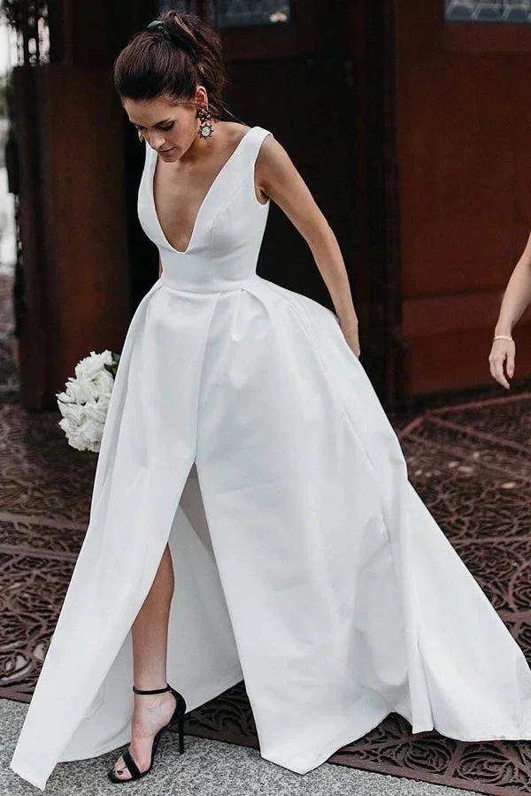 A Line Deep V Neck Open Back White Long Wedding Dresses Bridal Gown (ZD16388)