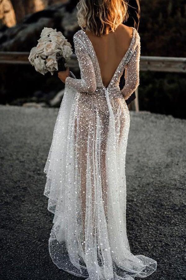 A Line See Through Deep V Neck Long Sleeves  Sparkly Wedding Dresses (ZD16232)
