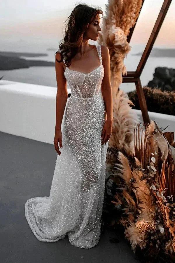 A Line Sweetheart Sparkly Sequins Beach Wedding Dress WD739 by pgmdress