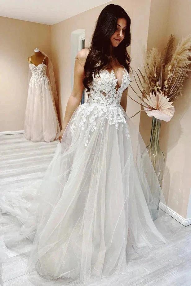 A Line V-neck Tulle Lace Appliques Beach Wedding Dresses Bridal Gown (ZD16154)