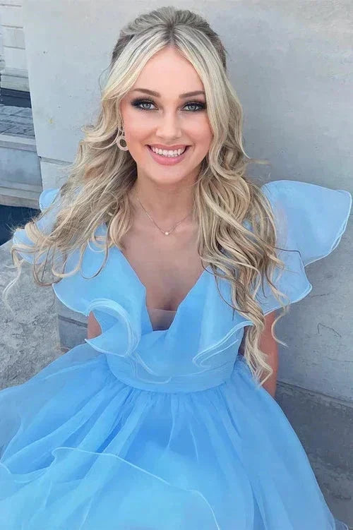 A Line V Neck Organza Ruffles Homecoming Dress (ZD11696)