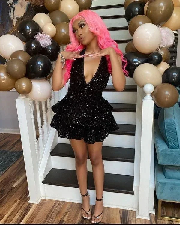 Sexy Black Sparkling Short Homecoming Dresses Back Open Tiered Sequin Graduation Gown Parties Night (ZD12699)