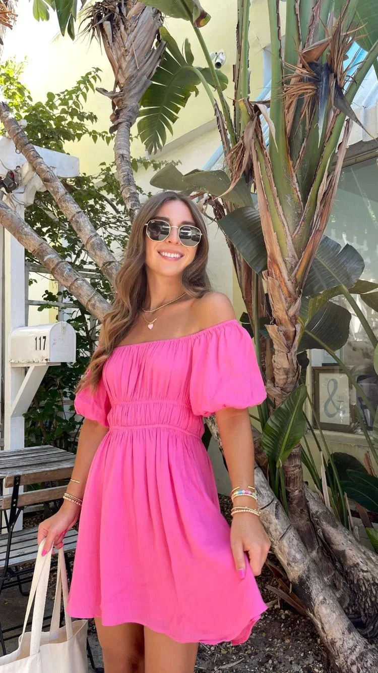 Hot Pink A-line Homecoming Dress with Puff Sleeves Summer Dress Y2758 by simplepromdress