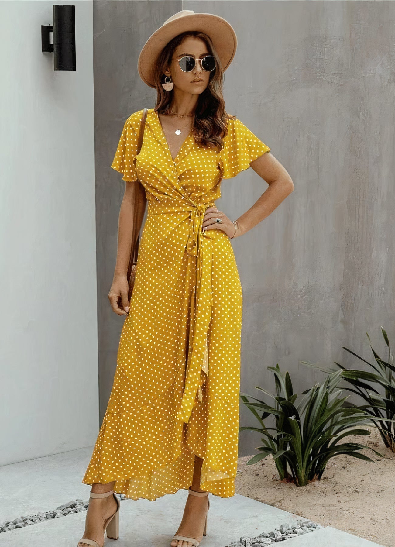 Victoria Timeless Yellow Midi Dress with Polka Dots Designer Edit
