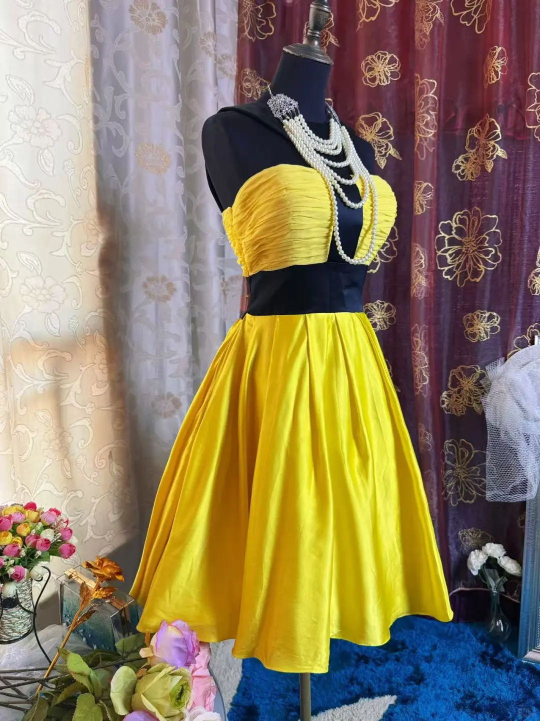 Fashion Yellow Black Splicing A Line Short Party Dress Formal Graduation Homecoming Dress - View 4 | VelvetHem