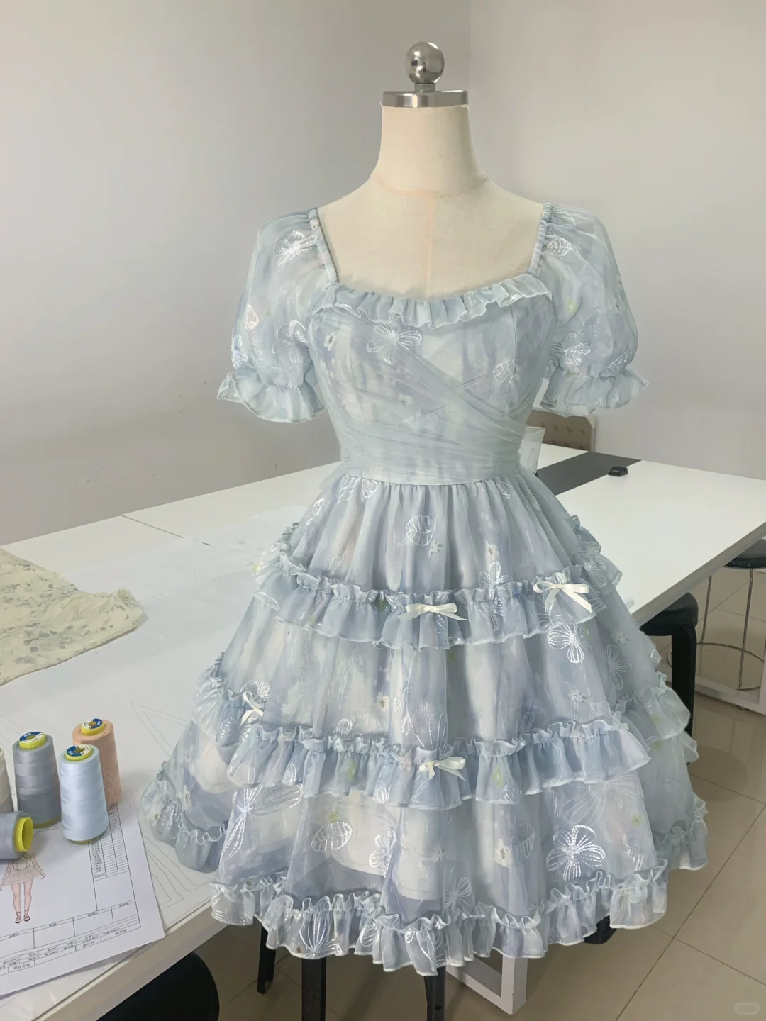 Cute Blue Square Neck Chiffon Print Floral Ruffles A Line Homeocming Dress Princess Bithday Outfits