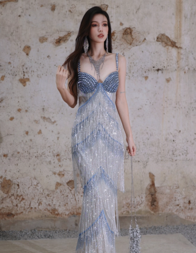 Glitter Spaghetti Straps Sequin Beaded Mermaid Long Evening Dress Birthday Prom Dress With Tassel - View 2 | VelvetHem