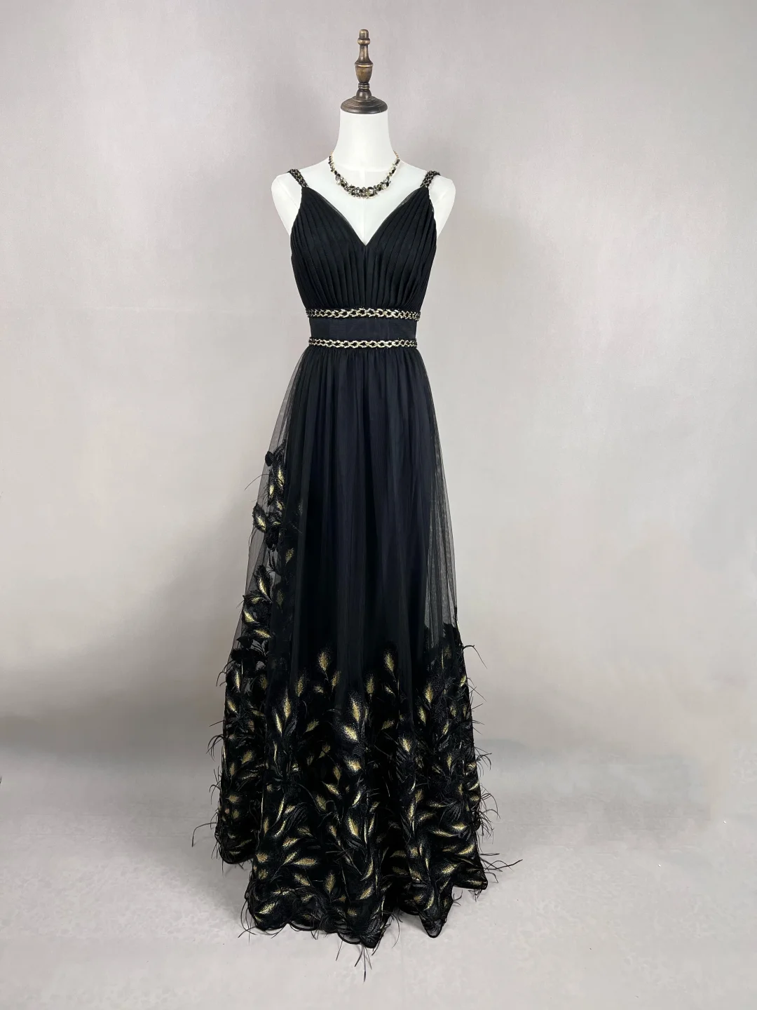 Gorgeous Black Tulle Gold Silk Feathers A Line Prom Dress Formal Evening Dress Y8652 - VelvetHem