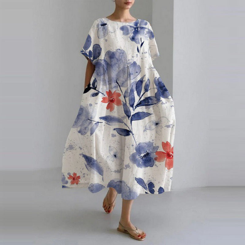 Emerenciana Loose Dress with a Round Neckline for Women Casual Daywear