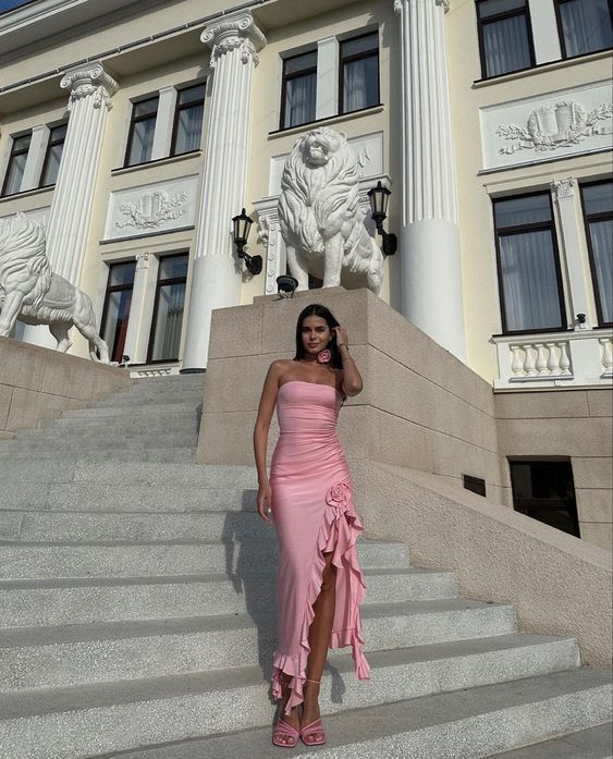 Pink Strapless Ruffle Slit Party Evening Dress Y8173 - VelvetHem