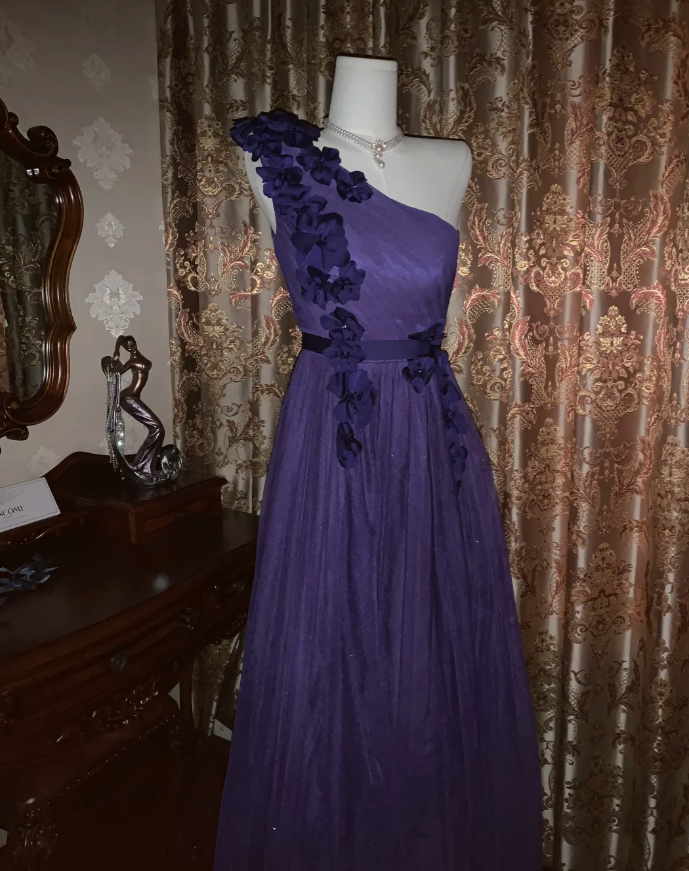 Elegant Purple One Shoulder Tulle Appliques A Line Wedding Guest Dress Long Party Dress - View 3 | VelvetHem