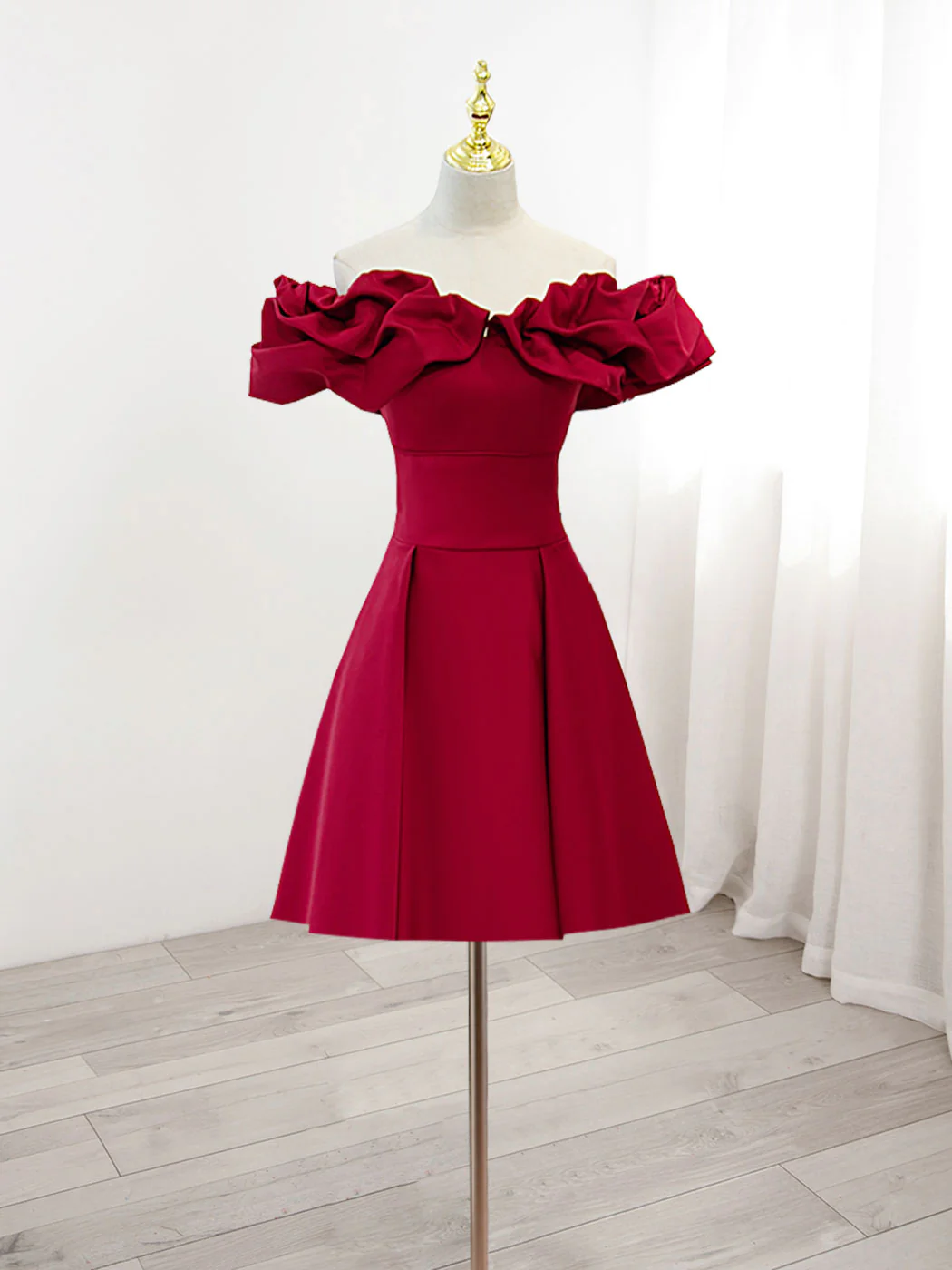 Burgundy A-Line Off Shoulder Satin Homecoming Dress Y2506 - VelvetHem
