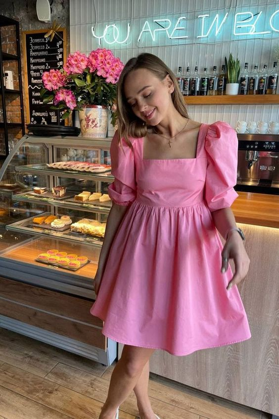 Pink A-line Square Neckline Party Dress Pink Puff Sleeves Homecoming Dress (ZD11351)