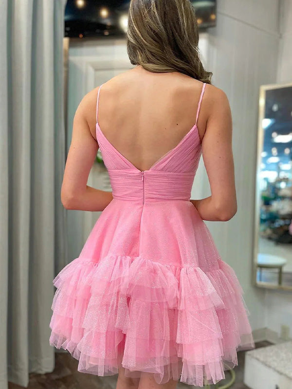 A Line Tulle Short Homecoming Dress Spaghetti Straps with Ruffles