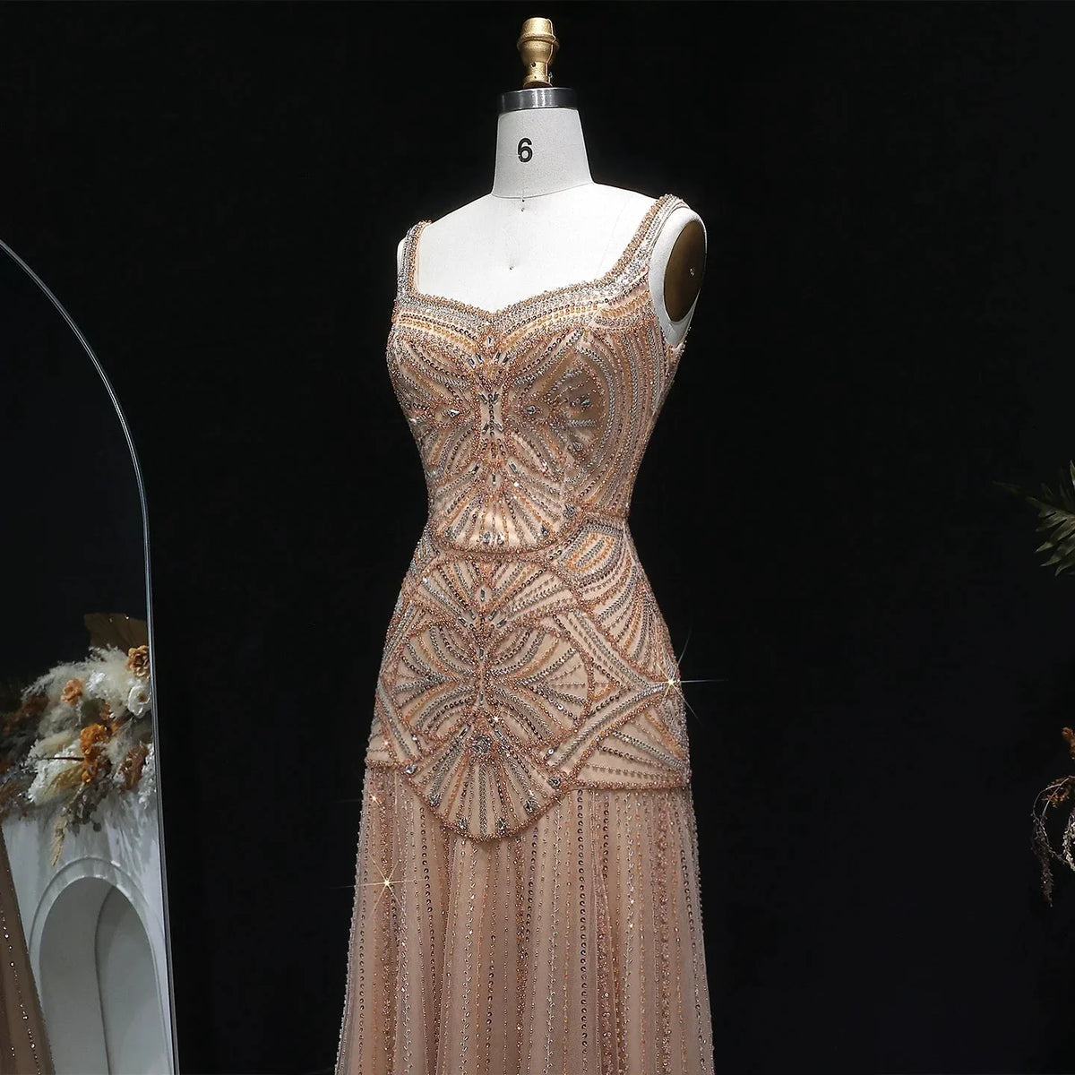 Champagne Beaded Mermaid Evening Dress Luxury Saudi Wedding Gown Customized (ZD17070)