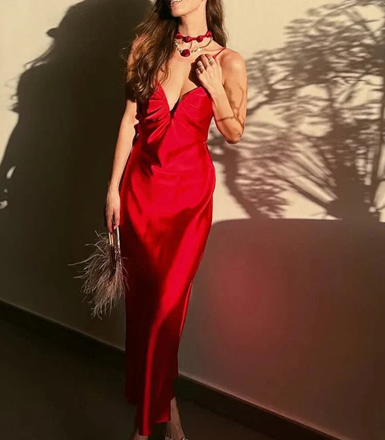 Spaghetti Strap Red Solid Dress