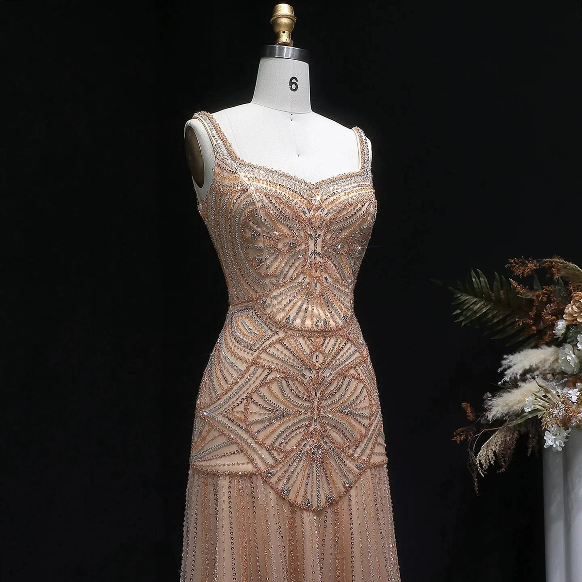 Champagne Beaded Mermaid Evening Dress Luxury Saudi Wedding Gown Customized (ZD17070)