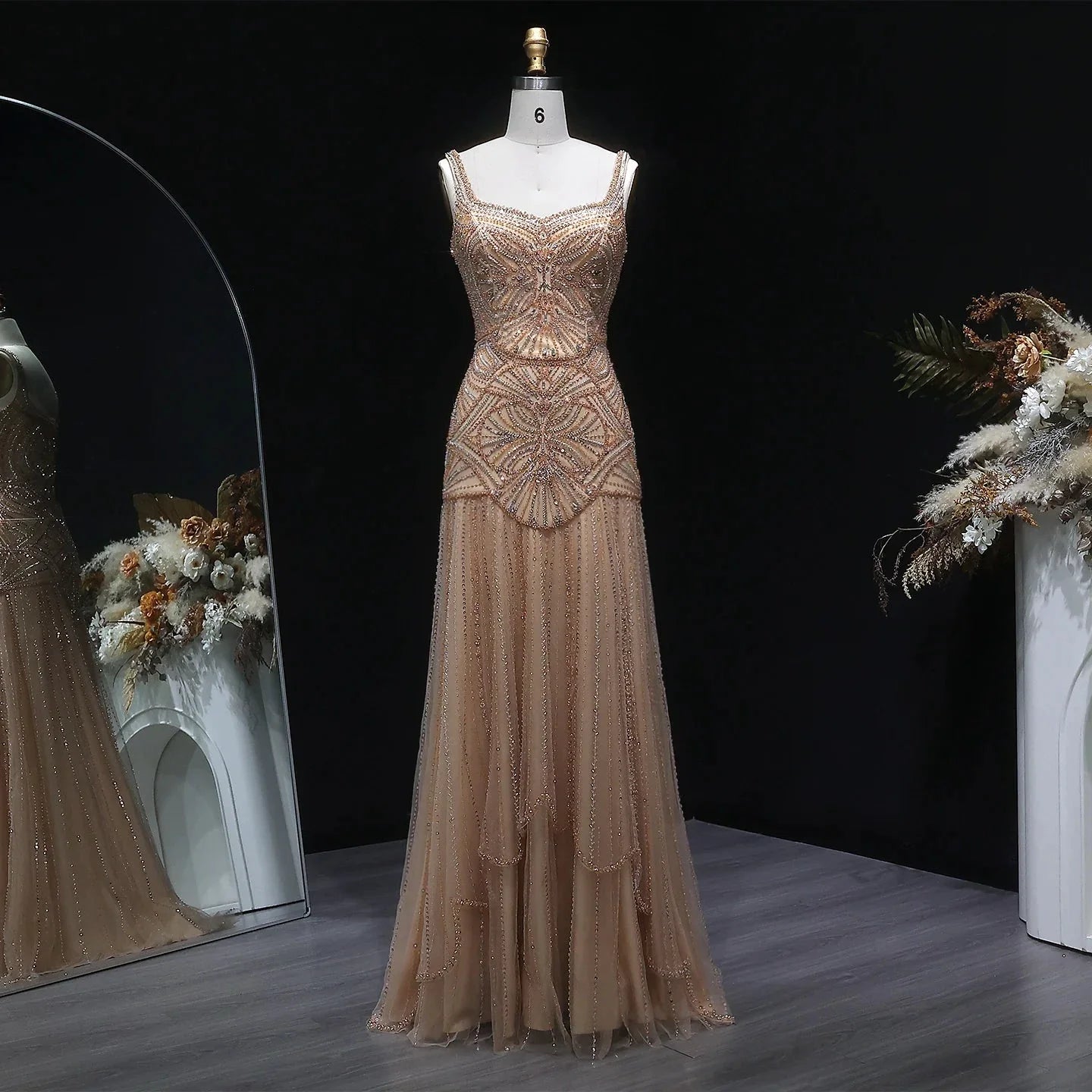 Champagne Beaded Mermaid Evening Dress Luxury Saudi Wedding Gown Customized (ZD17070)