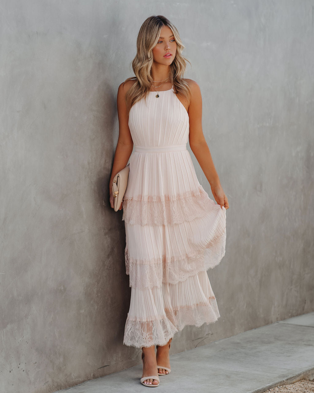 Affection Pleated Tiered Lace Maxi Dress Blush