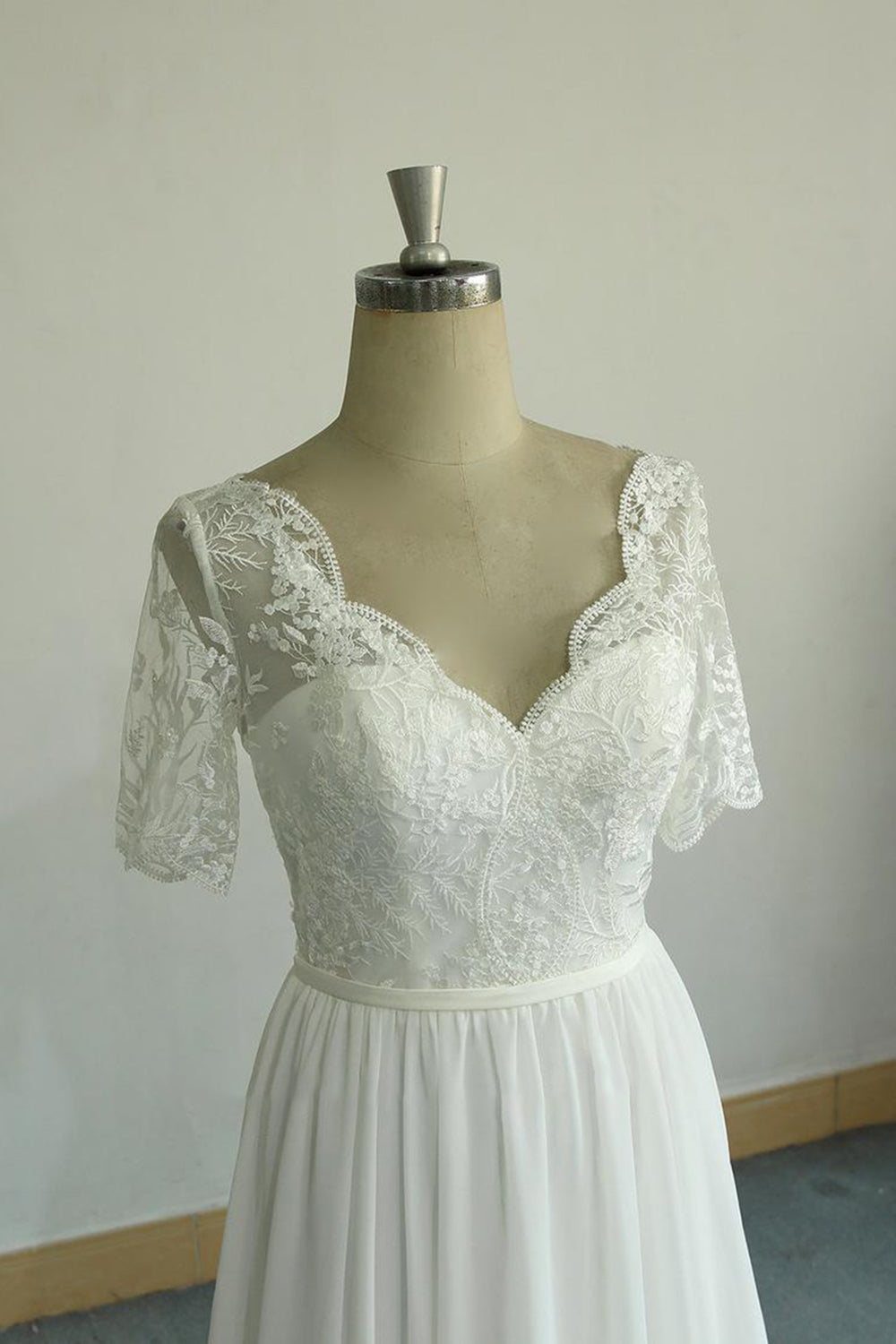 Affordable Halfsleeves V-neck Chiffon Wedding Dress | White A-line Ruffles Bridal Gowns