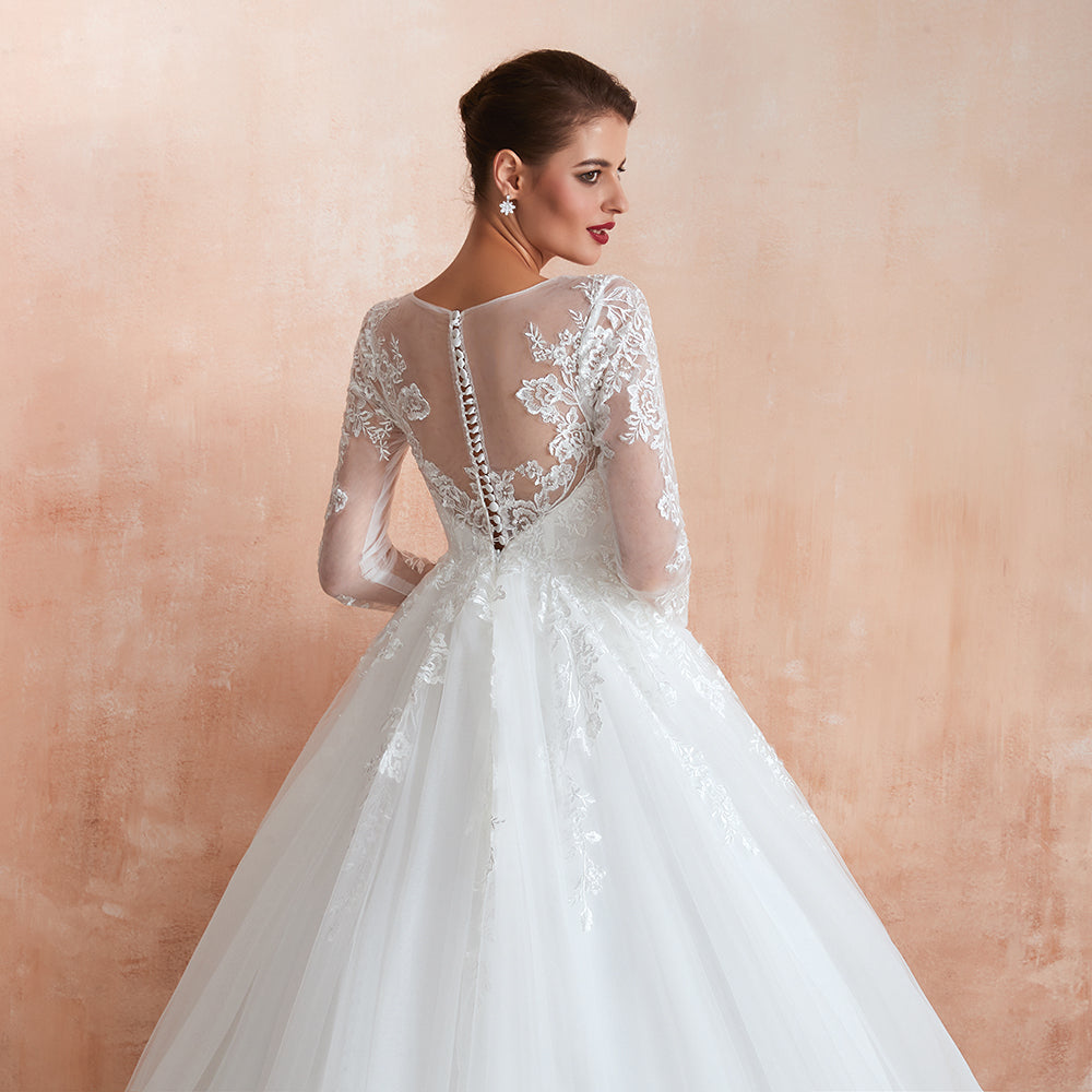 Affordable Lace Jewel White Tulle Wedding Dress with 3/4 Sleeves