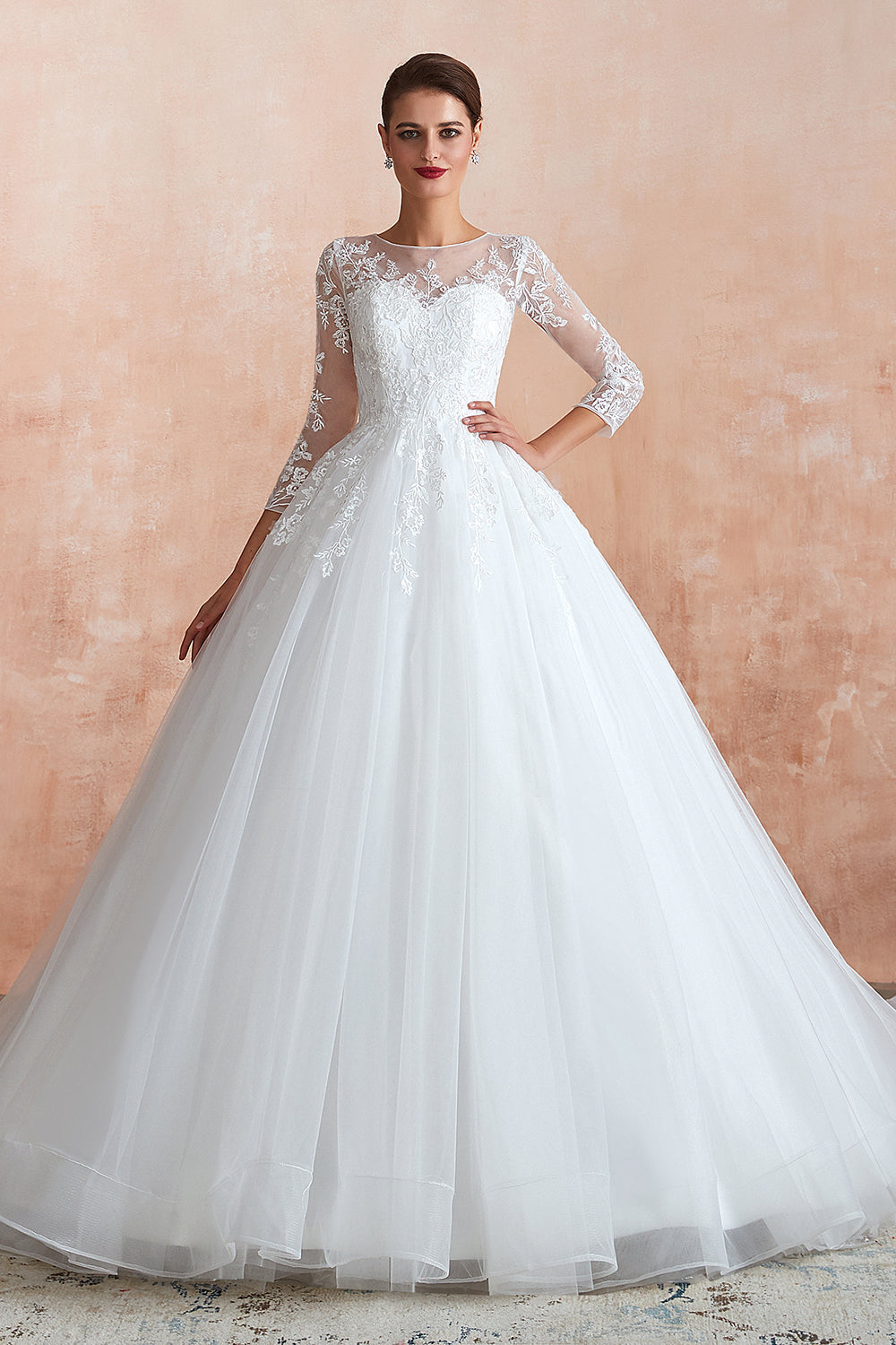 Affordable Lace Jewel White Tulle Wedding Dress with 3/4 Sleeves