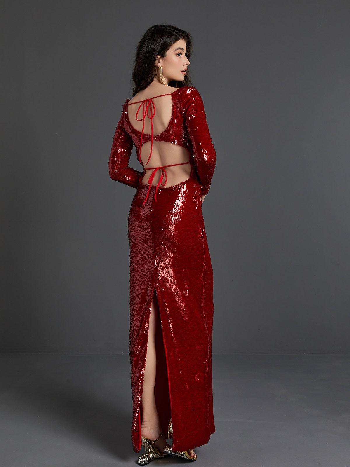 Ailana Long Sleeve Sequin Cutout Maxi Dress