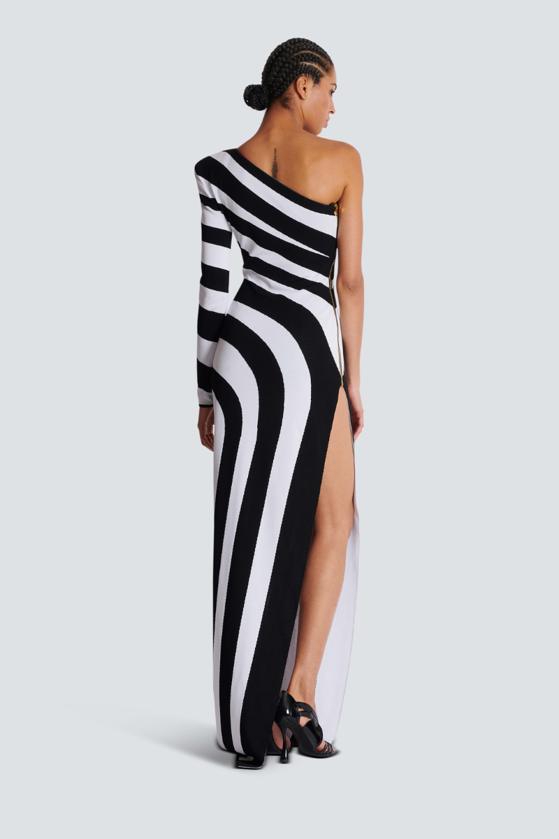 Isabel Exclusive One Shoulder Slit, Asymmetric Striped Maxi Dress Designer Edit