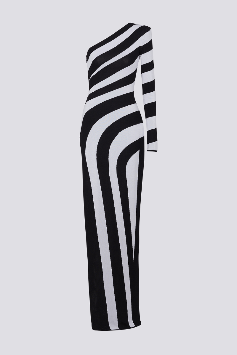 Alicia Timeless One Shoulder Slit, Asymmetric Striped Maxi Dress Evening Wear Edit