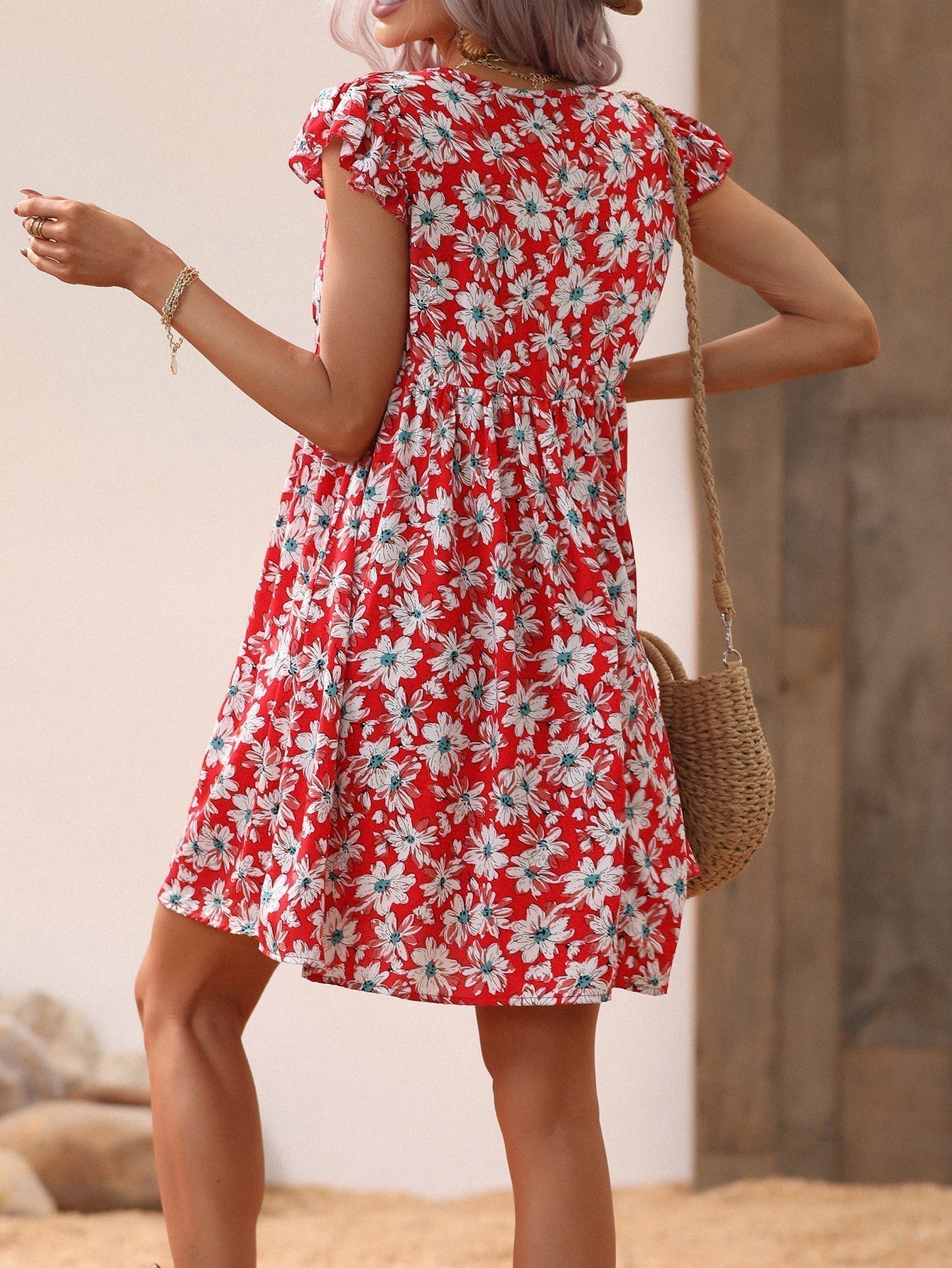 Allover Print V Neck Smocked Flare Dress