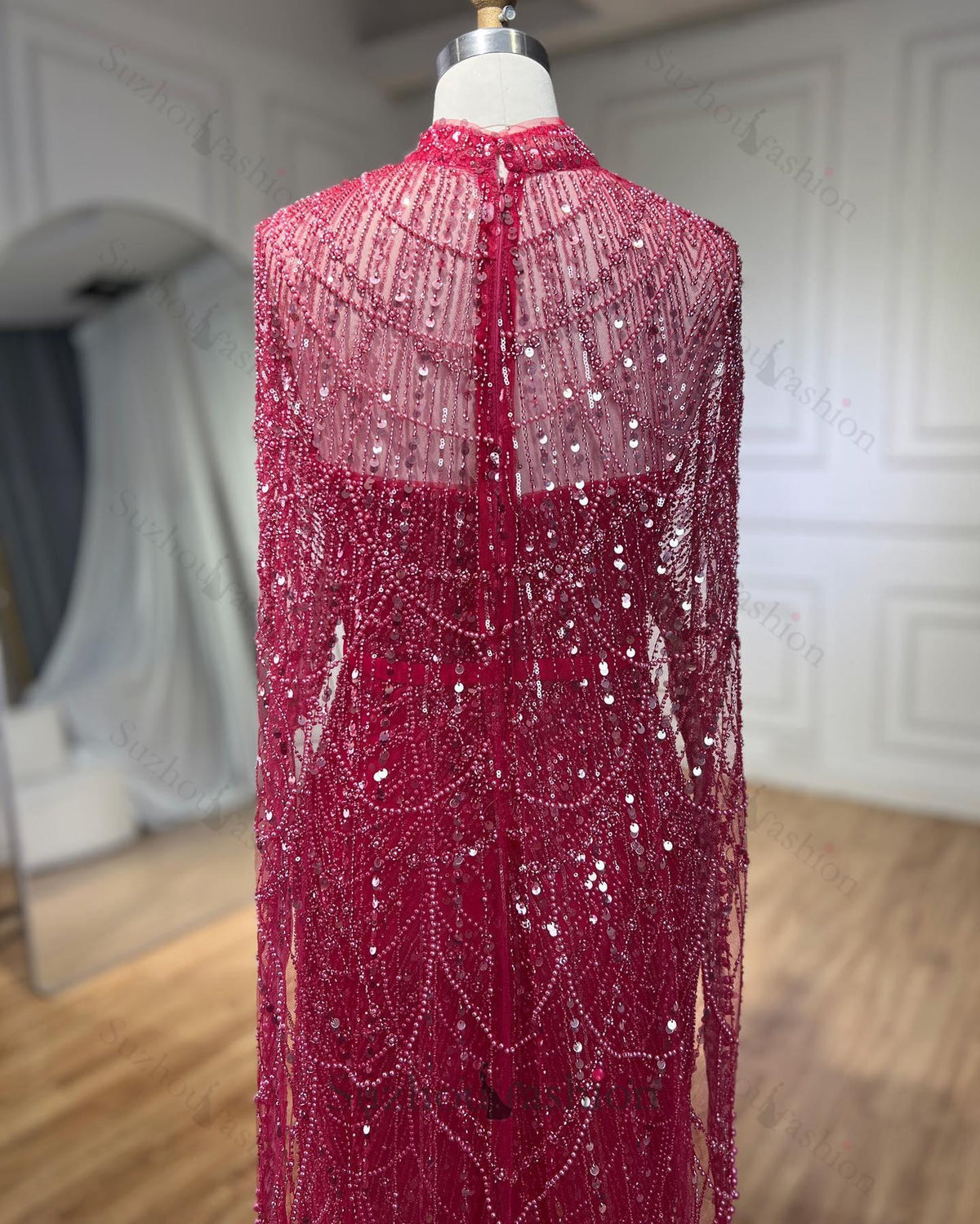 Amazing Fuchsia Mermaid Prom Dress Beadings Pearls With Cape