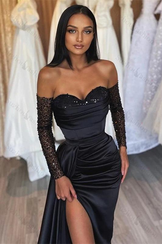 Amazing Long Black Mermaid Split Front Sequined Prom Dresses