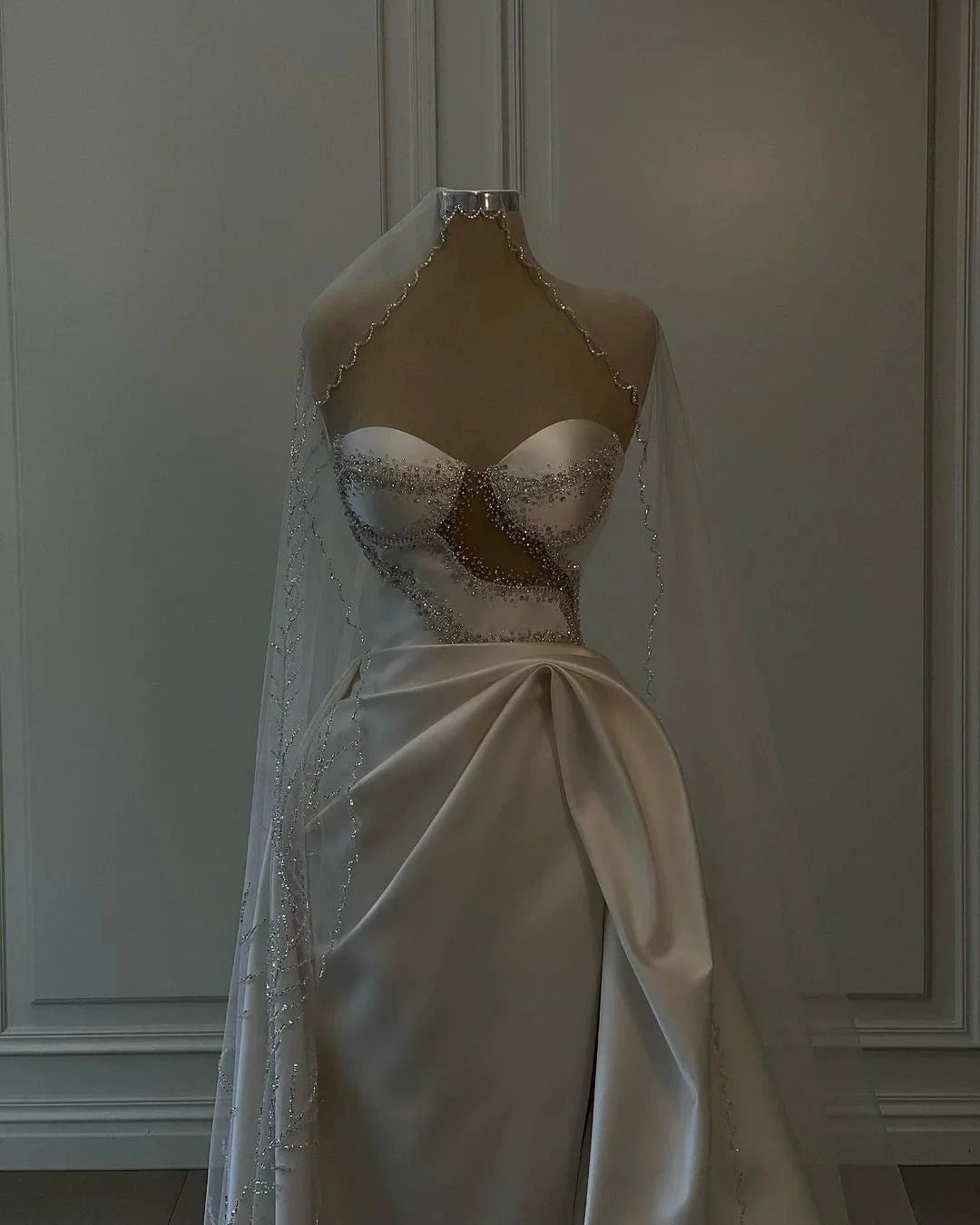 Amazing Long White Beading Sleeveless Satin Wedding Dress With Slit (ZD15681)