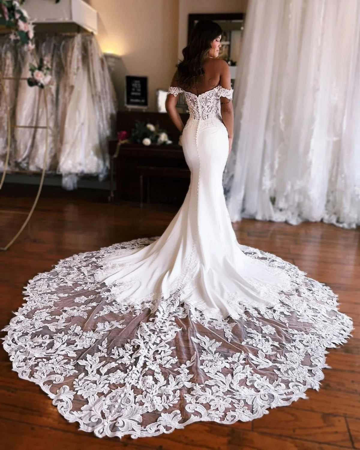 Amazing Mermaid Off-the-shoulder Sweetheart Sleeveless Appliques Satin Lace Train Wedding Dress (ZD15581)