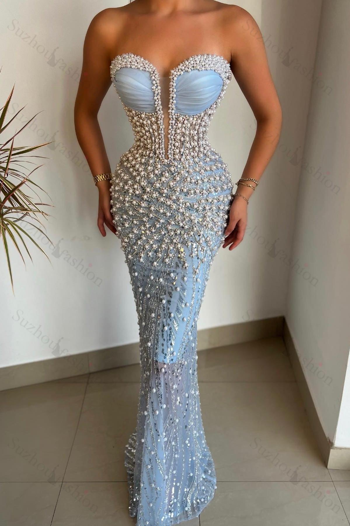 Amazing Sky Blue Sweetheart Pearls Prom Dress Mermaid With Beads