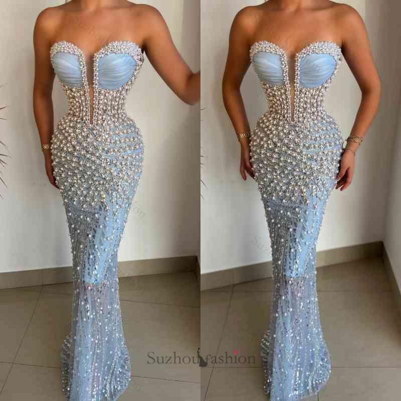 Amazing Sky Blue Sweetheart Pearls Prom Dress Mermaid With Beads