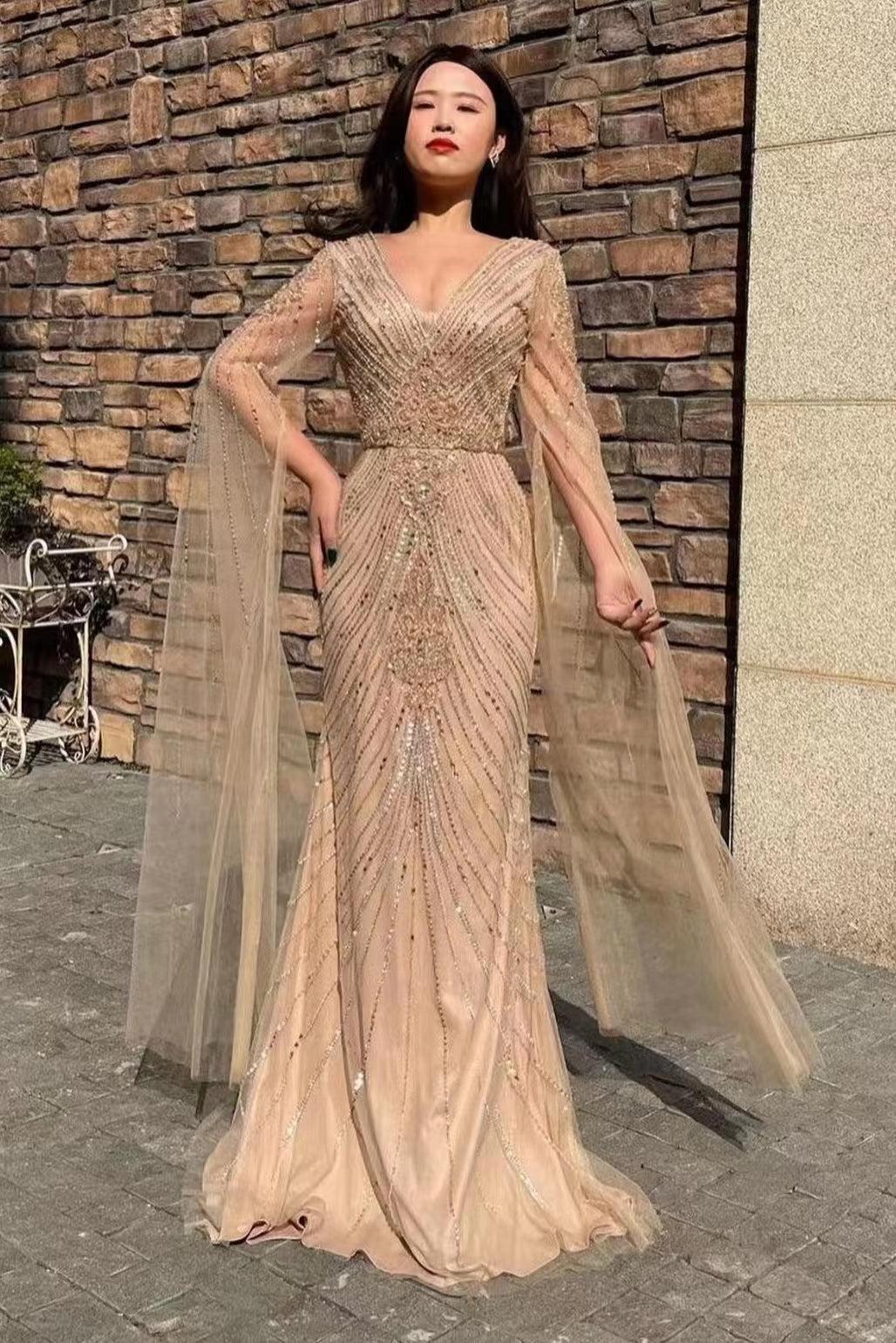 Amazing V Neck Long Sleeve Prom Dress Tulle Mermaid Evening Formal Dress With Beadings