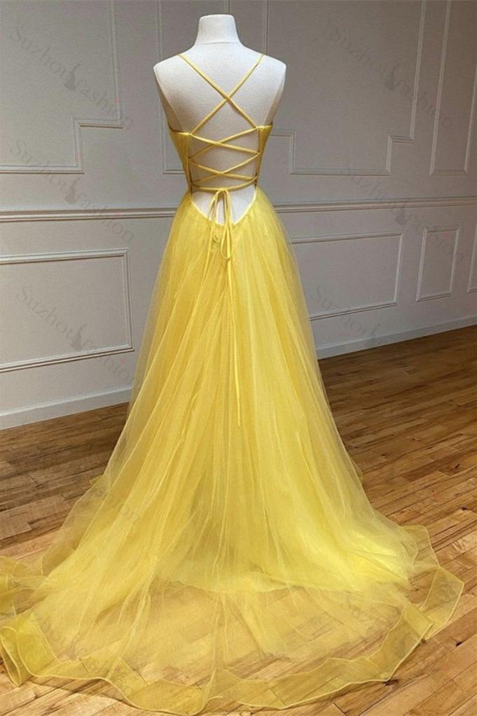 Amazing Yellow Prom Dress Spaghetti Strap Sleeveless V Neck Evening Formal Dress